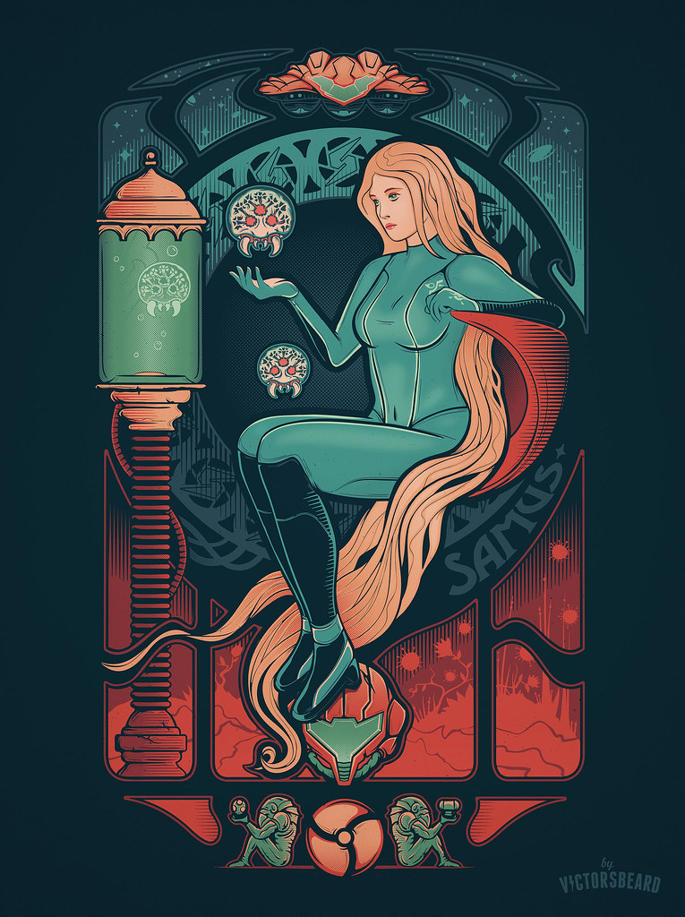 samus aran, metroid, metroid larva, and chozo statue (metroid) drawn by victorsbeardart