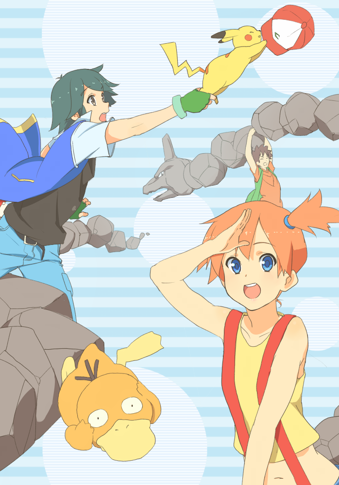 pikachu, ash ketchum, misty, psyduck, brock, and 1 more (pokemon) drawn by izumi_(ko8)