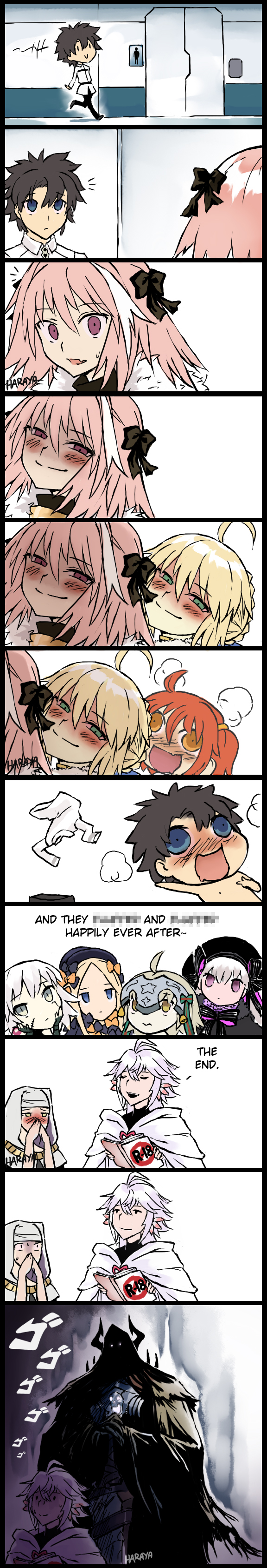 artoria pendragon, saber, fujimaru ritsuka, abigail williams, astolfo, and 6 more (fate and 1 more) drawn by haraya_manawari