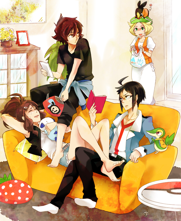 hilda, hilbert, oshawott, snivy, bianca, and 2 more (pokemon and 1 more) drawn by matsuri_(mattun-00)
