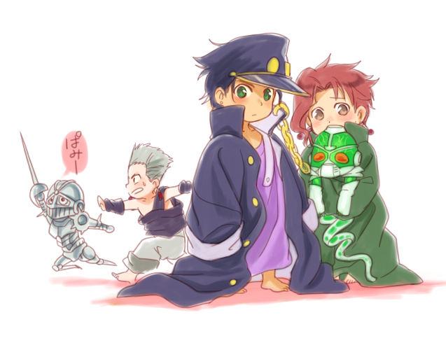 kujo jotaro, kakyoin noriaki, jean pierre polnareff, hierophant green, and silver chariot (jojo no kimyou na bouken and 1 more) drawn by j.2