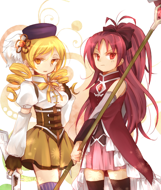 sakura kyoko and tomoe mami (mahou shoujo madoka magica) drawn by yuno_(peppermintut)