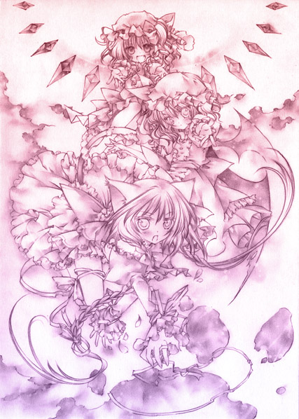 remilia scarlet, flandre scarlet, and izayoi sakuya (touhou) drawn by moo_(umineko)