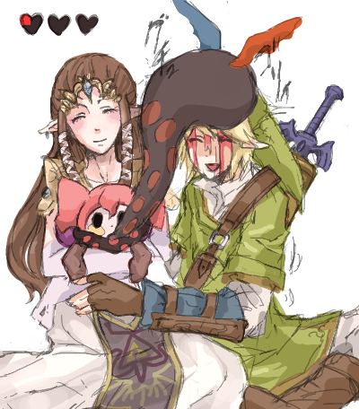link, princess zelda, and charlotte (mahou shoujo madoka magica and 2 more) drawn by emina224
