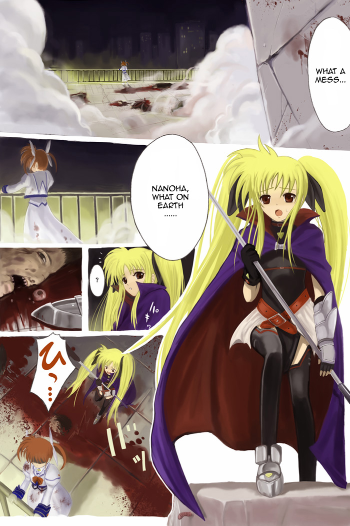 fate testarossa, takamachi nanoha, and bardiche (lyrical nanoha and 2 more) drawn by 40010prototype