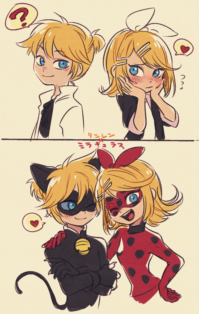 kagamine rin, kagamine len, marinette dupain-cheng, adrien agreste, ladybug, and 1 more (vocaloid and 1 more) drawn by ukata