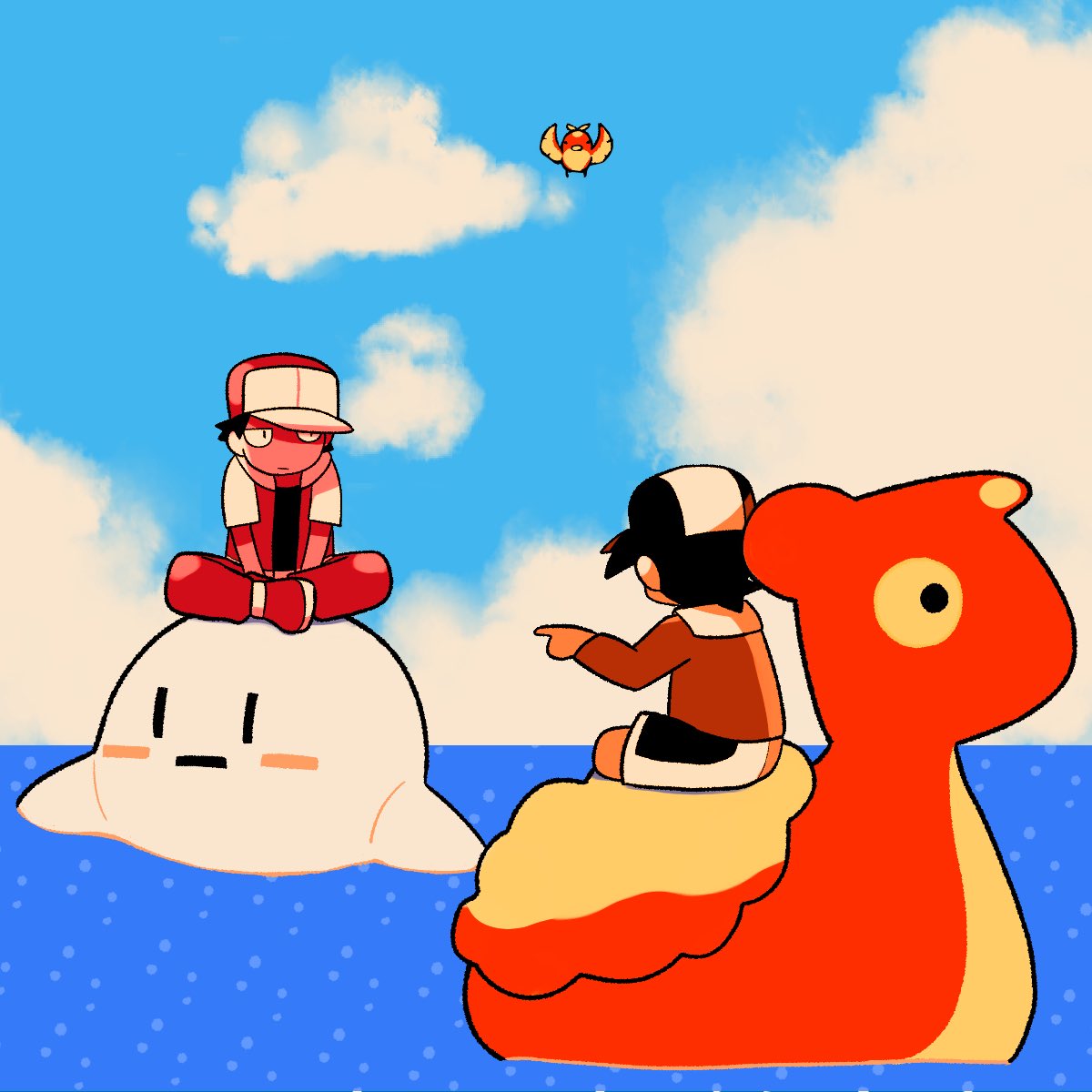 red, ethan, surf sprite, and fly sprite (pokemon and 1 more) drawn