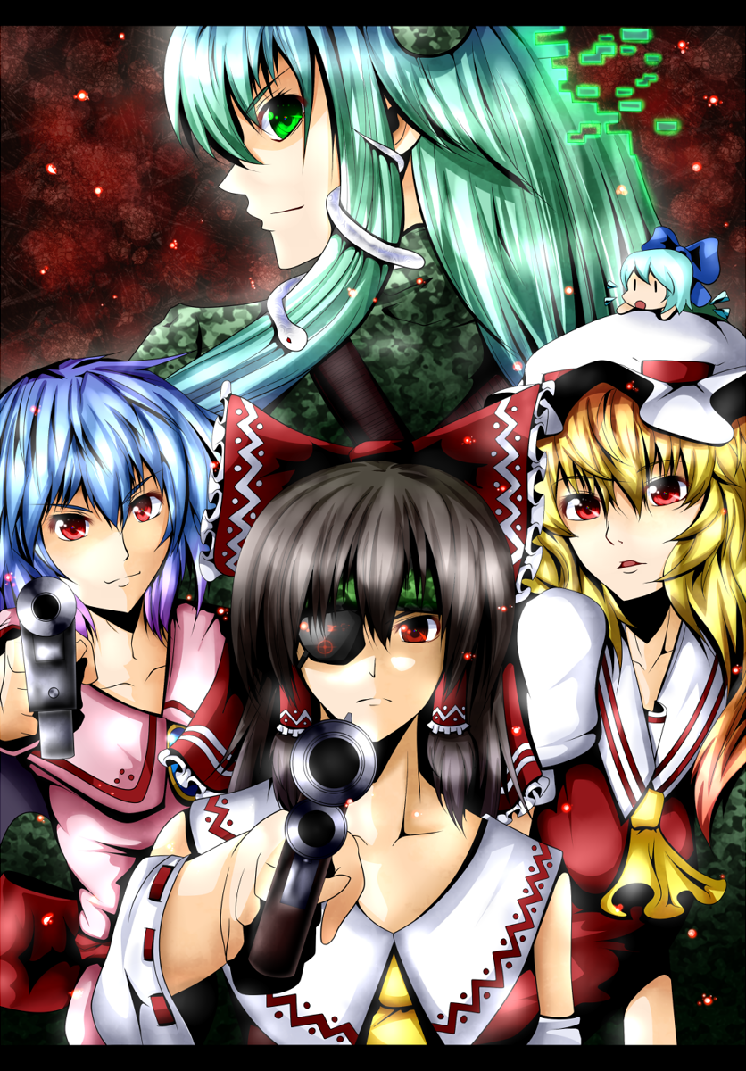 hakurei reimu, remilia scarlet, flandre scarlet, kochiya sanae, and cirno (touhou) drawn by pandora-ex