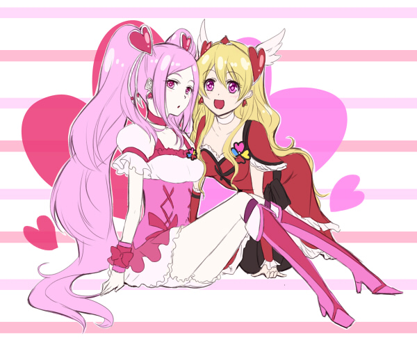 higashi setsuna, momozono love, cure peach, and cure passion (precure and 1 more) drawn by sasamaru_chimaki