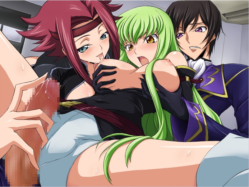 c.c., lelouch vi britannia, and kouzuki kallen (code geass) drawn by aquamu and yamagarasu