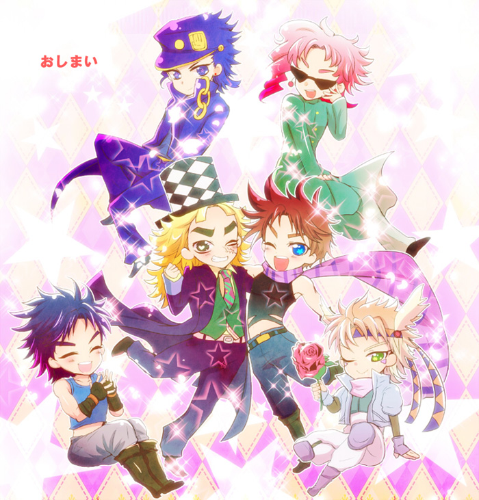joseph joestar, kujo jotaro, caesar anthonio zeppeli, kakyoin noriaki, jonathan joestar, and 1 more (jojo no kimyou na bouken and 3 more) drawn by t7senzo