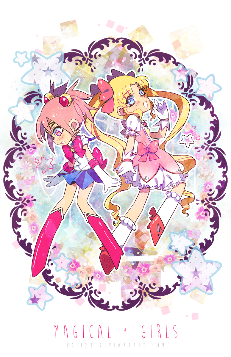 kaname madoka, tsukino usagi, and sailor moon (mahou shoujo madoka magica and 1 more) drawn by poiizu