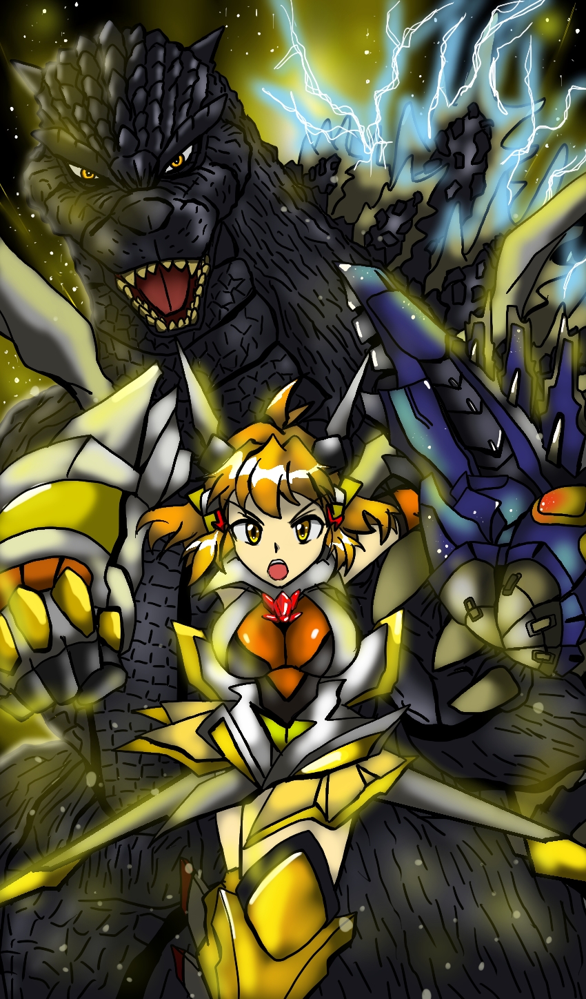 tachibana hibiki and godzilla (senki zesshou symphogear and 2 more) drawn by hanuma_(19841996)