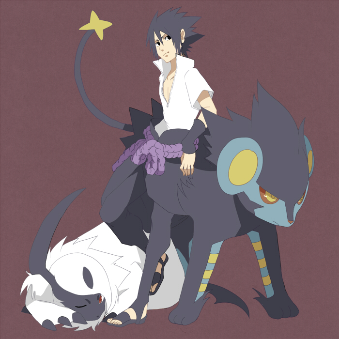 uchiha sasuke, absol, and luxray (pokemon and 1 more) drawn by hikaru_(hkr3224)