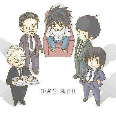 l, matsuda touta, watari, yagami souichirou, and aizawa shuuichi (death note) drawn by nina_matsumoto