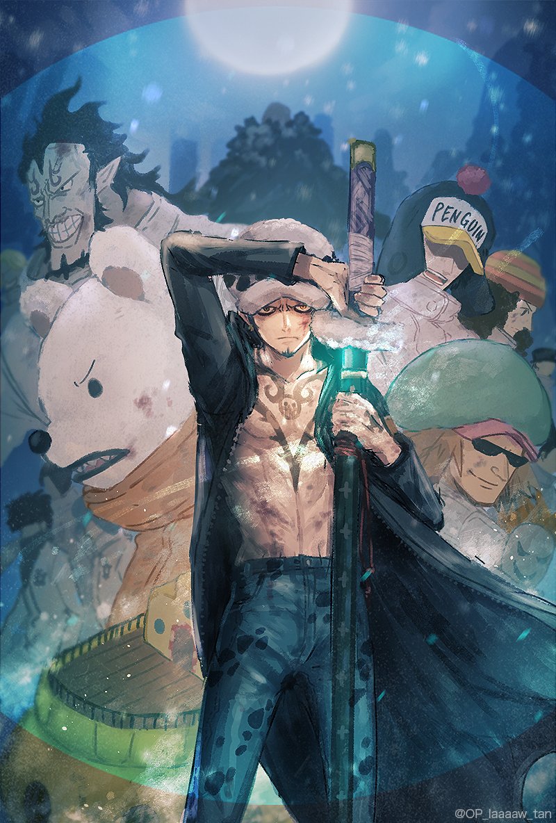 trafalgar law, donquixote rocinante, bepo, penguin, shachi, and 3 more (one piece) drawn by potechi_norisio