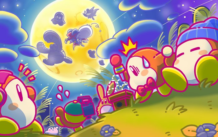 kirby, waddle dee, daroach, reporter waddle dee, polof, and 7 more (kirby and 1 more)
