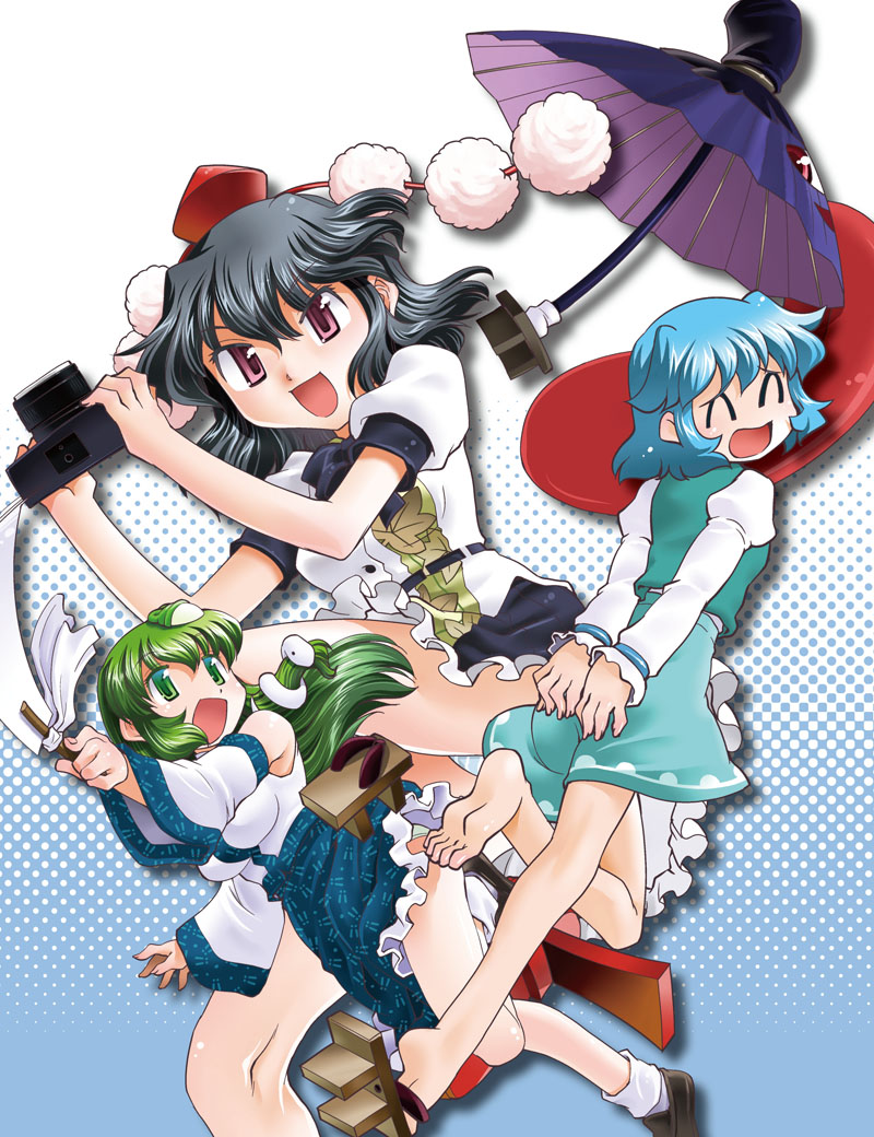 kochiya sanae, shameimaru aya, and tatara kogasa (touhou) drawn by mizuki_hitoshi