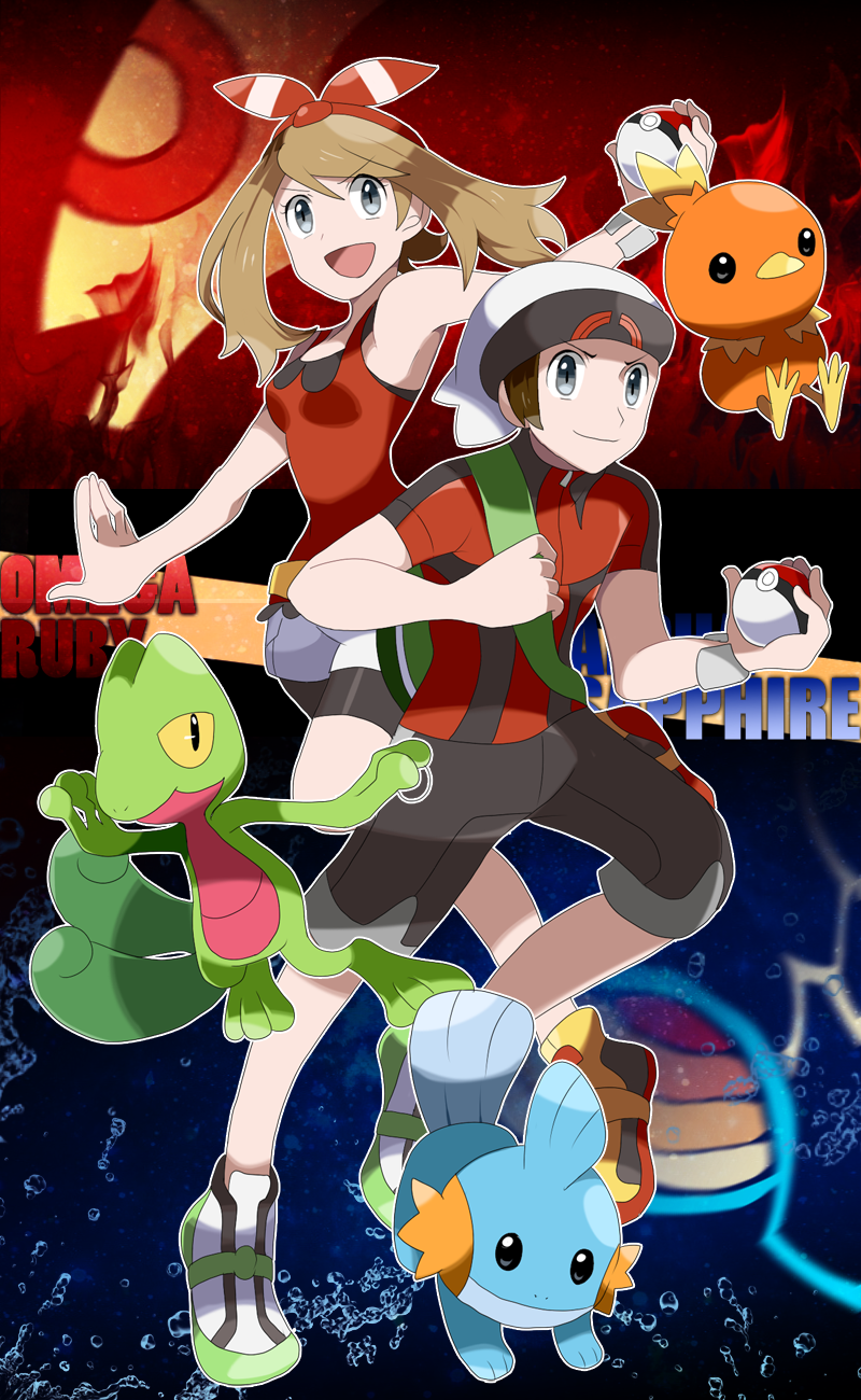 may, brendan, torchic, mudkip, treecko, and 4 more (pokemon and 1 more) drawn by uni_(unnny)