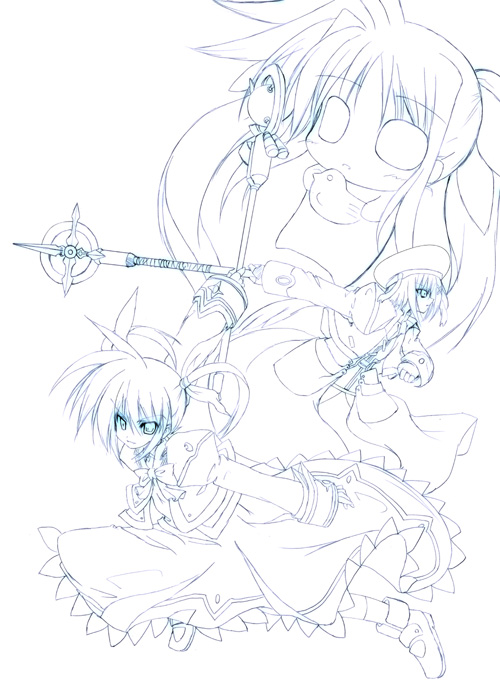 fate testarossa, takamachi nanoha, yagami hayate, raising heart, and schwertkreuz (lyrical nanoha and 2 more) drawn by sen_(astronomy)