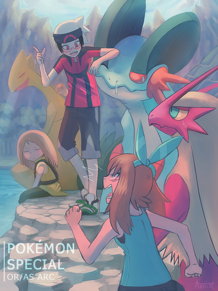 may, brendan, blaziken, sceptile, swampert, and 1 more (pokemon and 1 more) drawn by aonik