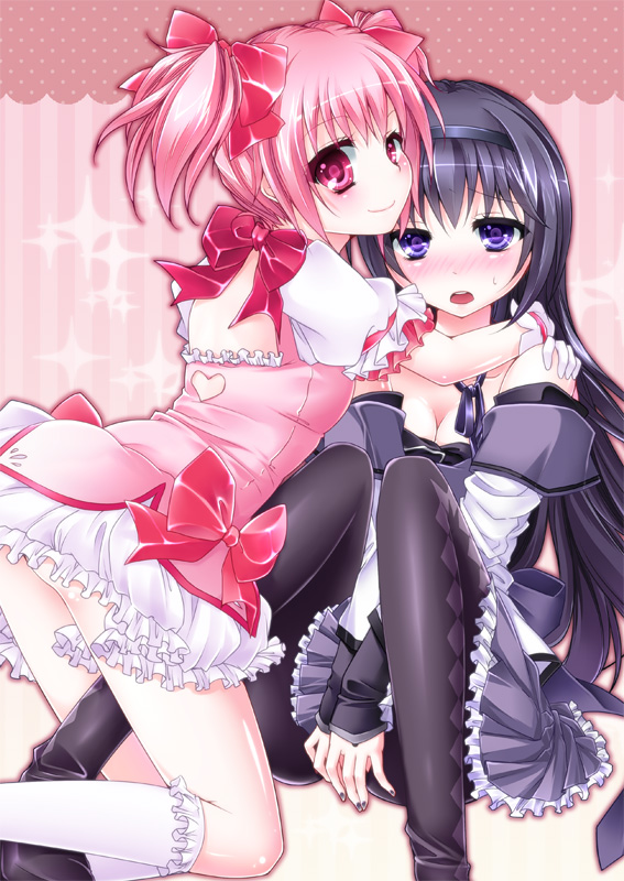 akemi homura and kaname madoka (mahou shoujo madoka magica) drawn by mikami_sasara