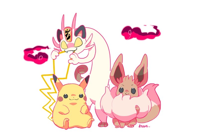 pikachu, eevee, meowth, gigantamax pikachu, gigantamax meowth, and 1 more (pokemon and 1 more) drawn by ban_(ban62460424)