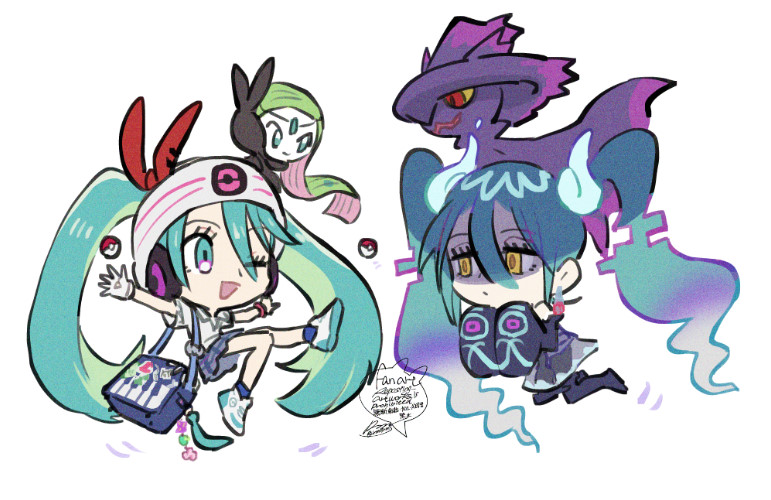 hatsune miku, mismagius, meloetta, ghost miku, and psychic miku (pokemon and 2 more) drawn by sagemaru-br