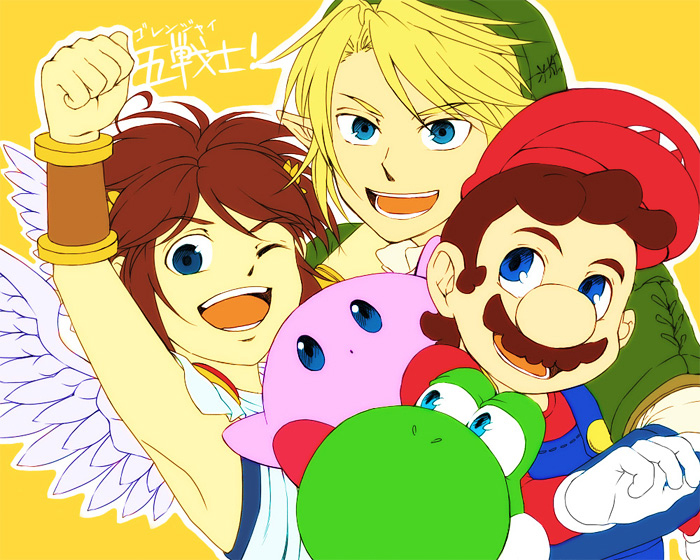 link, kirby, mario, pit, and yoshi (the legend of zelda and 5 more) drawn by saiba_(henrietta)