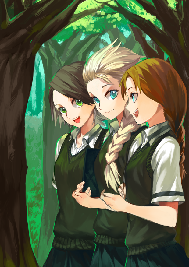 elsa, anna, and rapunzel (frozen and 2 more) drawn by kuuki_(pixiv2244659)