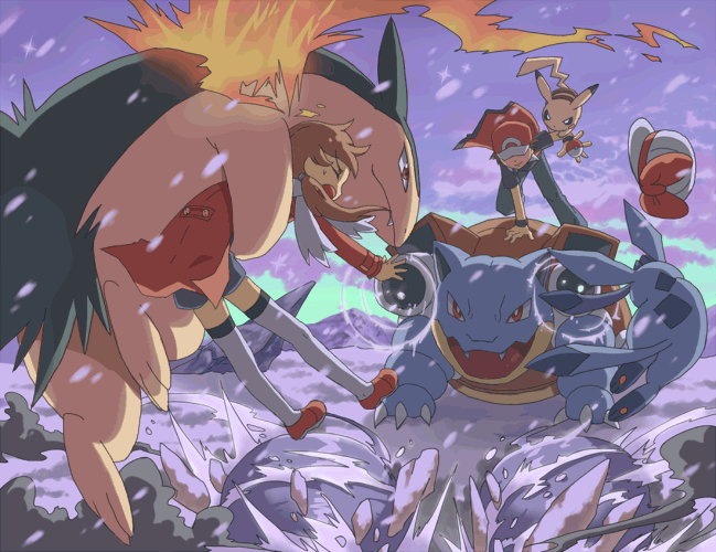 pikachu, red, lyra, glaceon, typhlosion, and 1 more (pokemon and 2 more) drawn by sen_pic