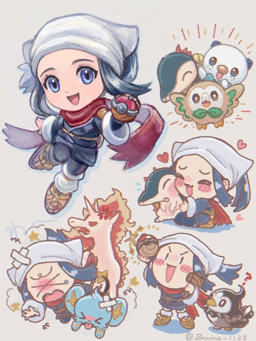 akari, rowlet, piplup, cyndaquil, shinx, and 2 more (pokemon and 1 more) drawn by suruga_kanade