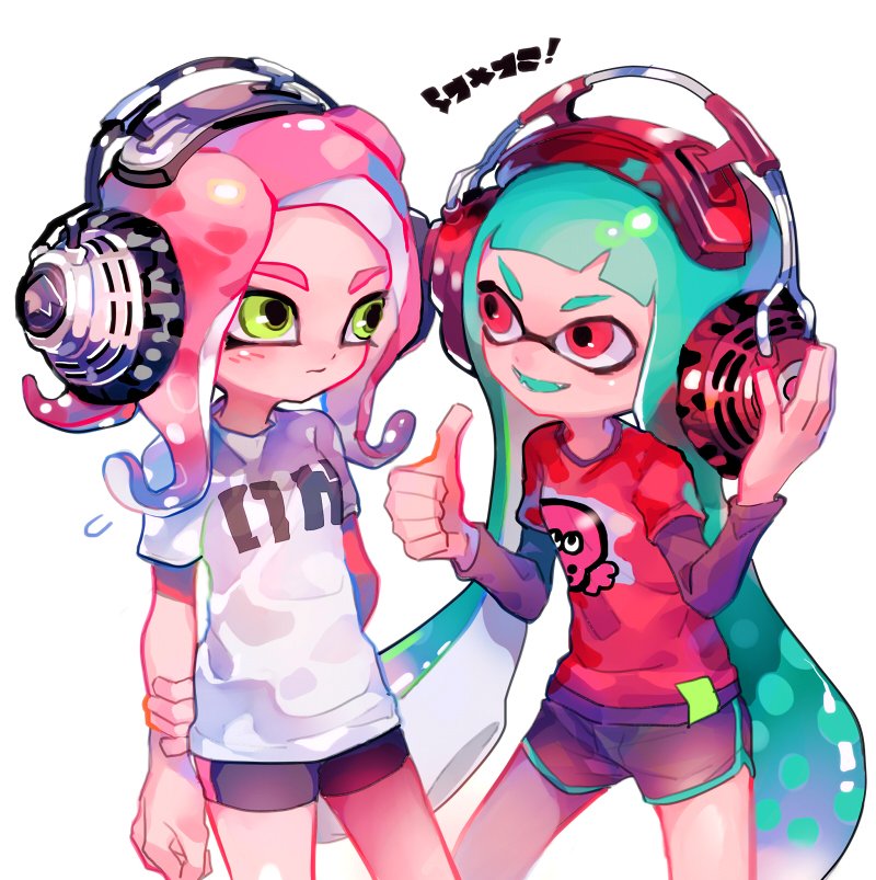 inkling player character, inkling girl, octoling player character, and octoling girl (splatoon and 1 more) drawn by yoshida_(ne)
