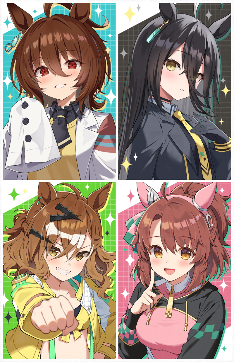 agnes tachyon, manhattan cafe, jungle pocket, and dantsu flame (umamusume and 1 more) drawn by mauve