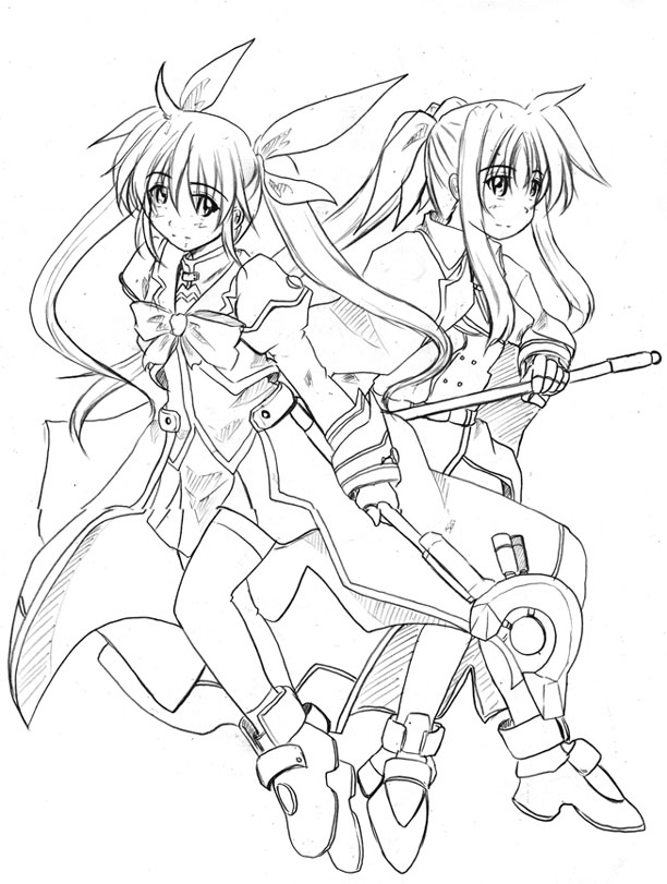 fate testarossa, takamachi nanoha, raising heart, and bardiche (lyrical nanoha and 1 more) drawn by zero_point