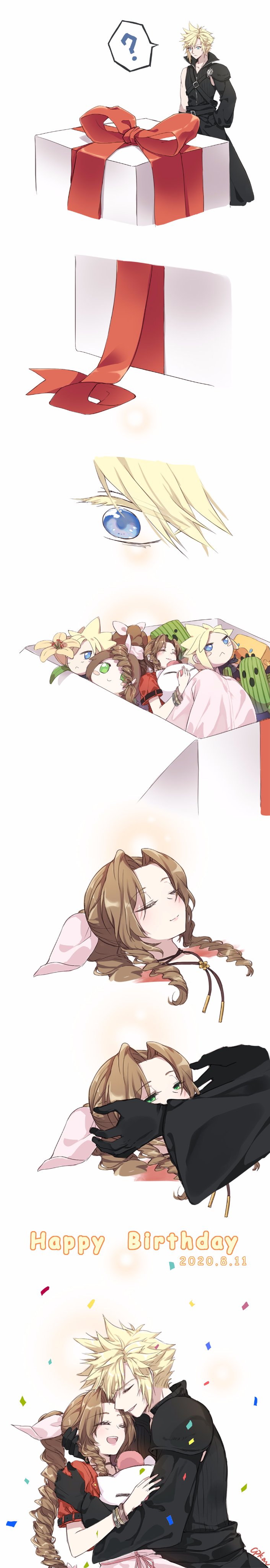 cloud strife, aerith gainsborough, moogle, and sabotender (final fantasy and 3 more) drawn by cat_princess