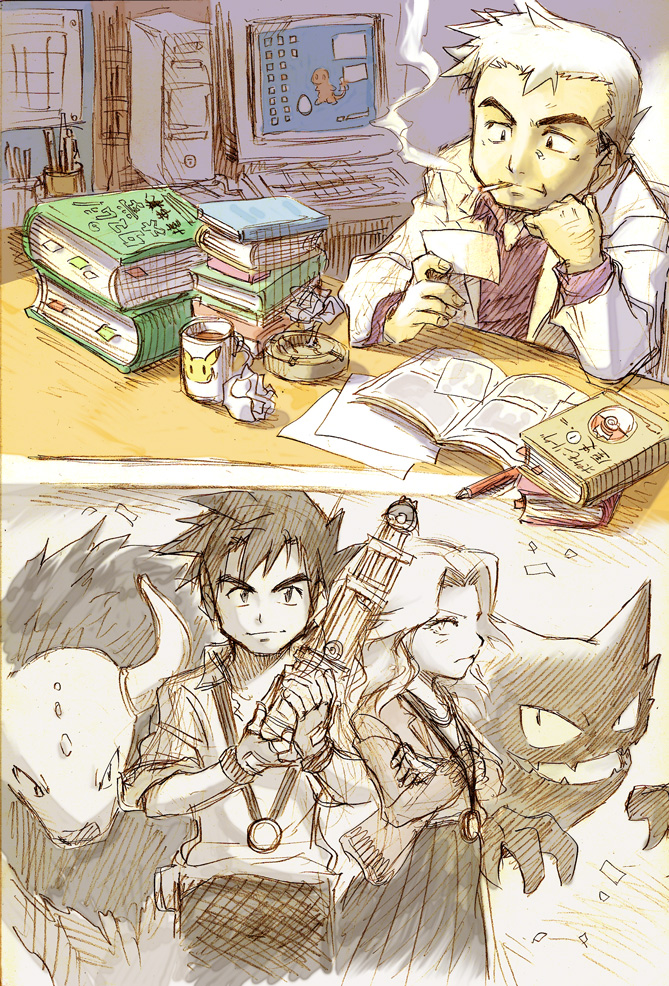 pikachu, charmander, haunter, professor oak, tauros, and 1 more (pokemon and 1 more) drawn by seijun