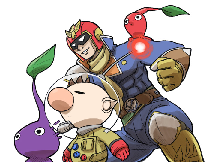 red pikmin, olimar, purple pikmin, and captain falcon (super smash bros. and 2 more) drawn by naru_(wish_field)