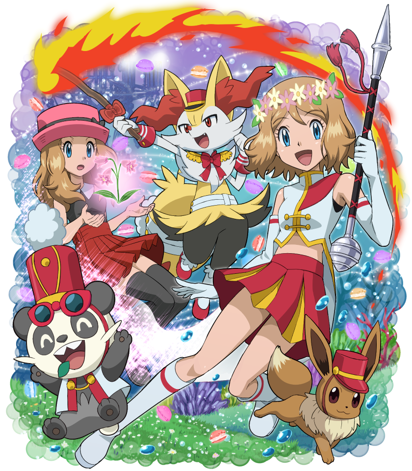 eevee, serena, braixen, and pancham (pokemon and 1 more) drawn by pokemoa
