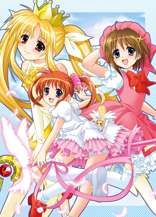 fate testarossa, takamachi nanoha, kinomoto sakura, yagami hayate, raising heart, and 1 more (lyrical nanoha and 3 more) drawn by hiyori_(nyatto)