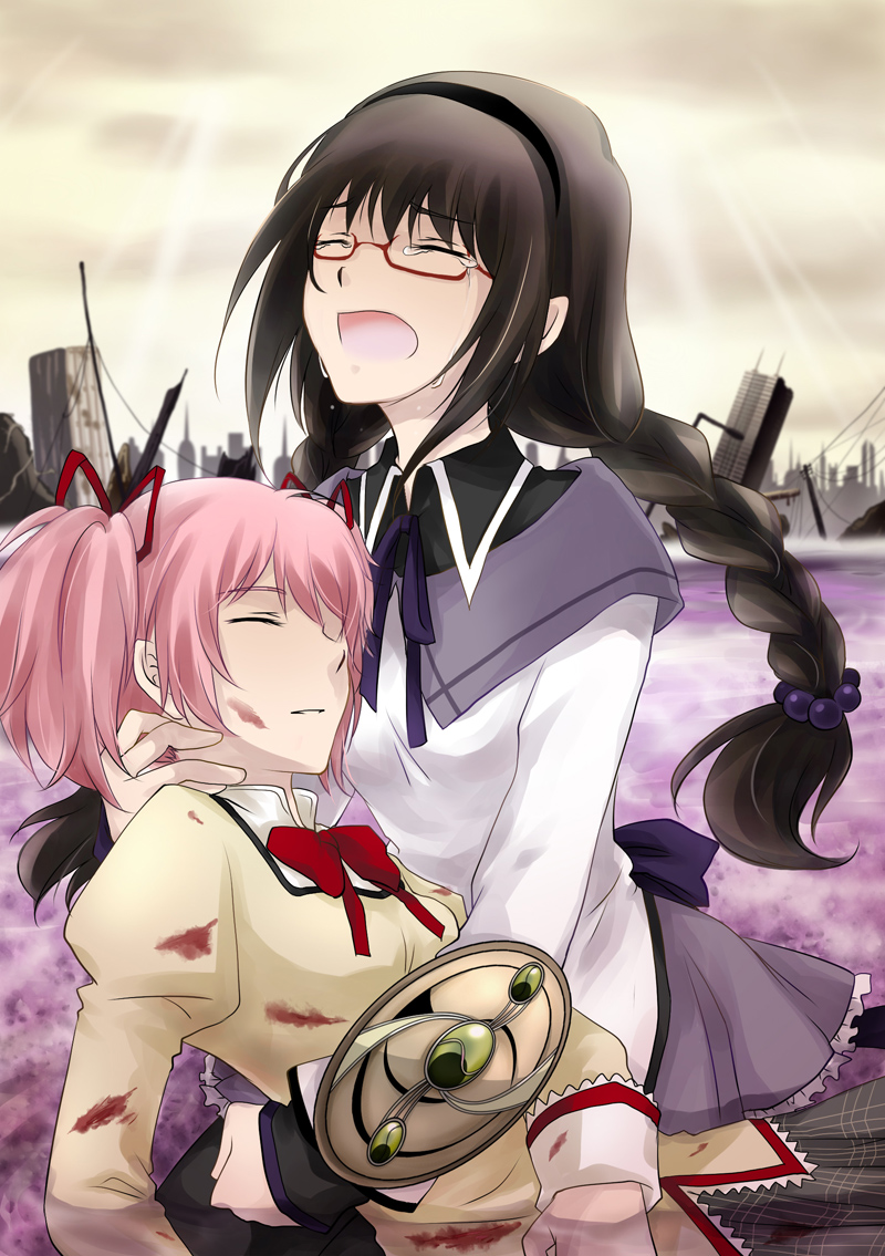 akemi homura and kaname madoka (mahou shoujo madoka magica) drawn by kanzou