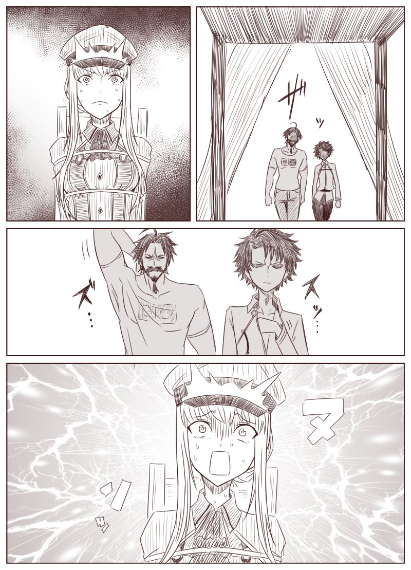 fujimaru ritsuka, edward teach, and medb (fate and 1 more) drawn by birii