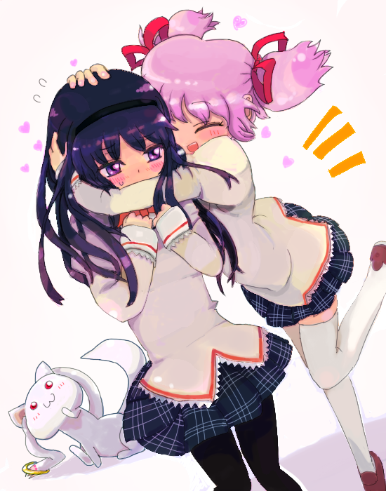 akemi homura, kaname madoka, and kyubey (mahou shoujo madoka magica) drawn by morinba