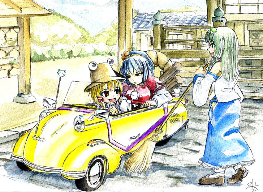 kochiya sanae, moriya suwako, yasaka kanako, and pyonta (touhou) drawn by master_(4th)