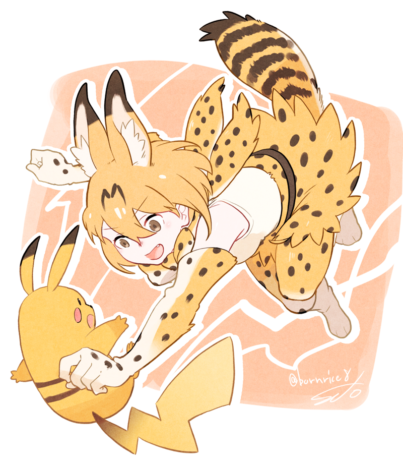 pikachu and serval (pokemon and 1 more) drawn by seto_(harunadragon)