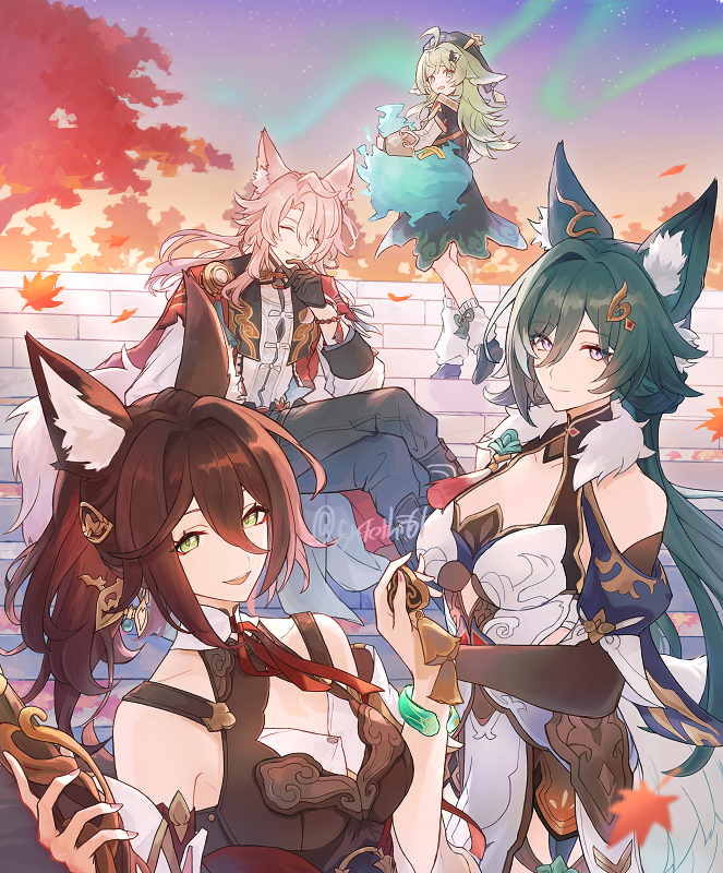 huohuo, jiaoqiu, tingyun, yukong, and tail (honkai and 1 more) drawn by suitchi_(gn4othi61)