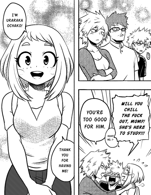 uraraka ochaco, bakugou katsuki, bakugou mitsuki, and bakugou masaru (boku no hero academia) drawn by drizzydoodles