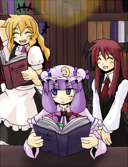 kirisame marisa, patchouli knowledge, and koakuma (touhou) drawn by harukatron