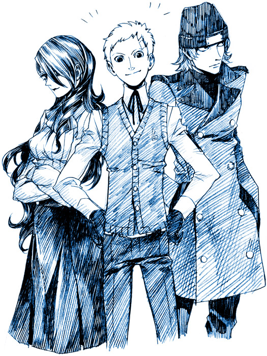kirijou mitsuru, sanada akihiko, and aragaki shinjirou (persona and 1 more) drawn by fujico