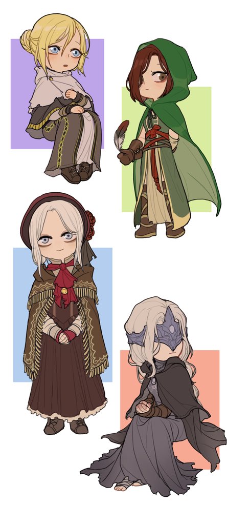plain doll, fire keeper, emerald herald, and anastacia of astora (dark souls and 4 more) drawn by tworain_w